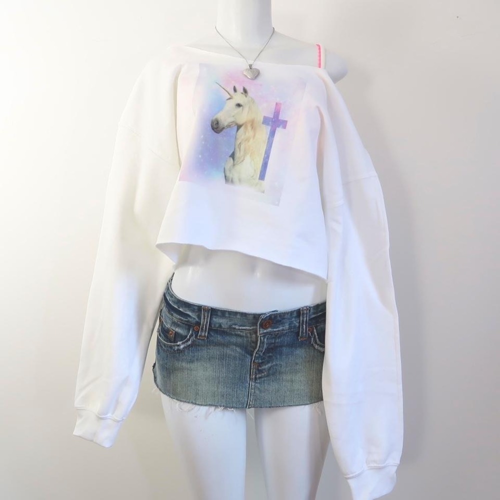 y2k unicorn cross graphic cropped sweatshirt off shoulder